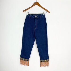 WATCH L.A. Vintage Embroidered Fringe Beaded Capri High Waisted Denim Jeans Dark